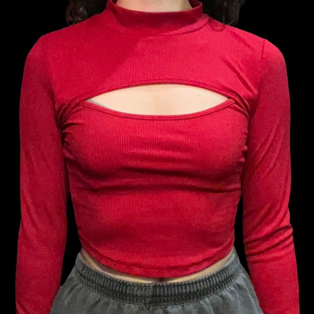 Red Cut-Out Long Sleeve Top